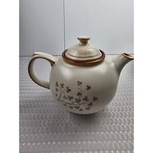 Vintage Retos Pottery Teapot Beige Green Shamrocks & Clovers‎ Brown Trim